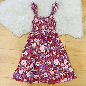 Casual red / pink summer floral midi dress size L.